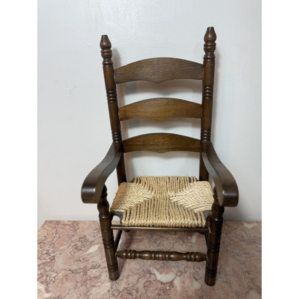 Vintage 11" Miniature Ladder-Back Doll Armchair with Woven Rush Seat